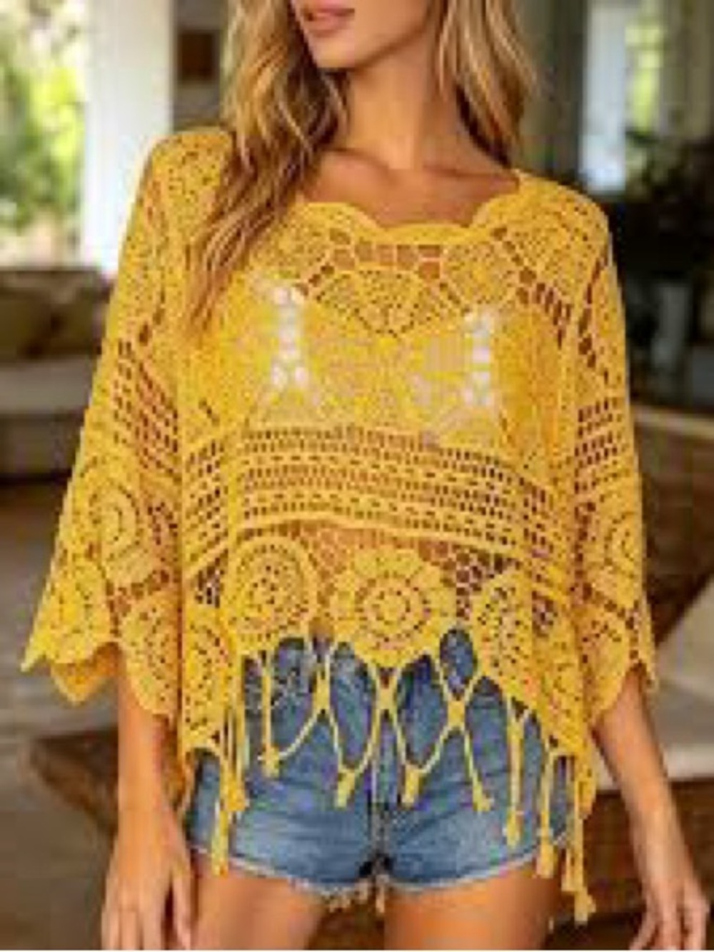 Yellow Crochet Fringe Crop Top, Size Medium